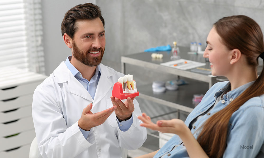 Doctor with educational model of dental implant consulting